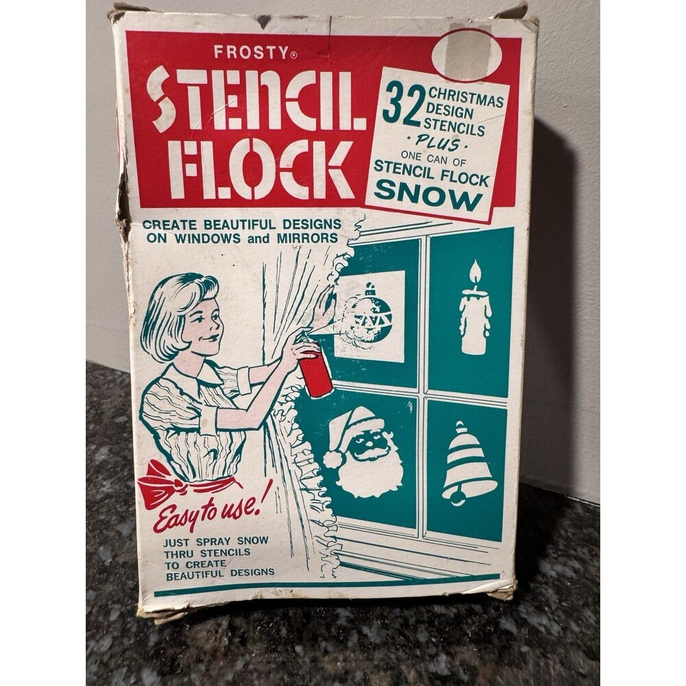Vintage Frosty Stencil Flock Christmas Kit 32 Stencils Aerosol Spray Can MCM